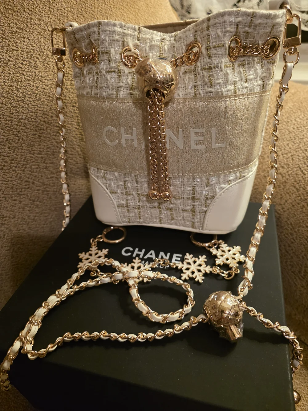 CHANEL Beaute VIP Tweed Bucket Bag with Gold Chain Accents
